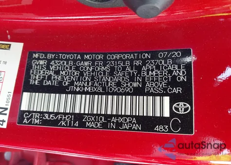 2020 Toyota C-Hr Le z USA, uszkodzony, nr VIN JTNKHMBX8L1090690